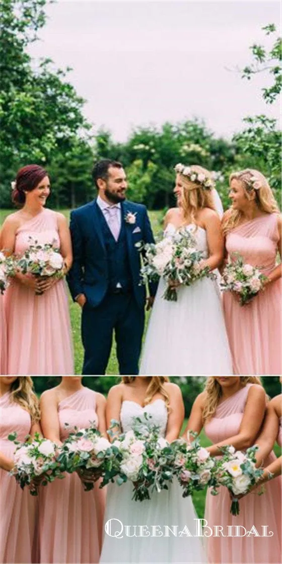 2019 Pink One Shoulder Long Cheap Chiffon Bridesmaid Dresses, QB0650