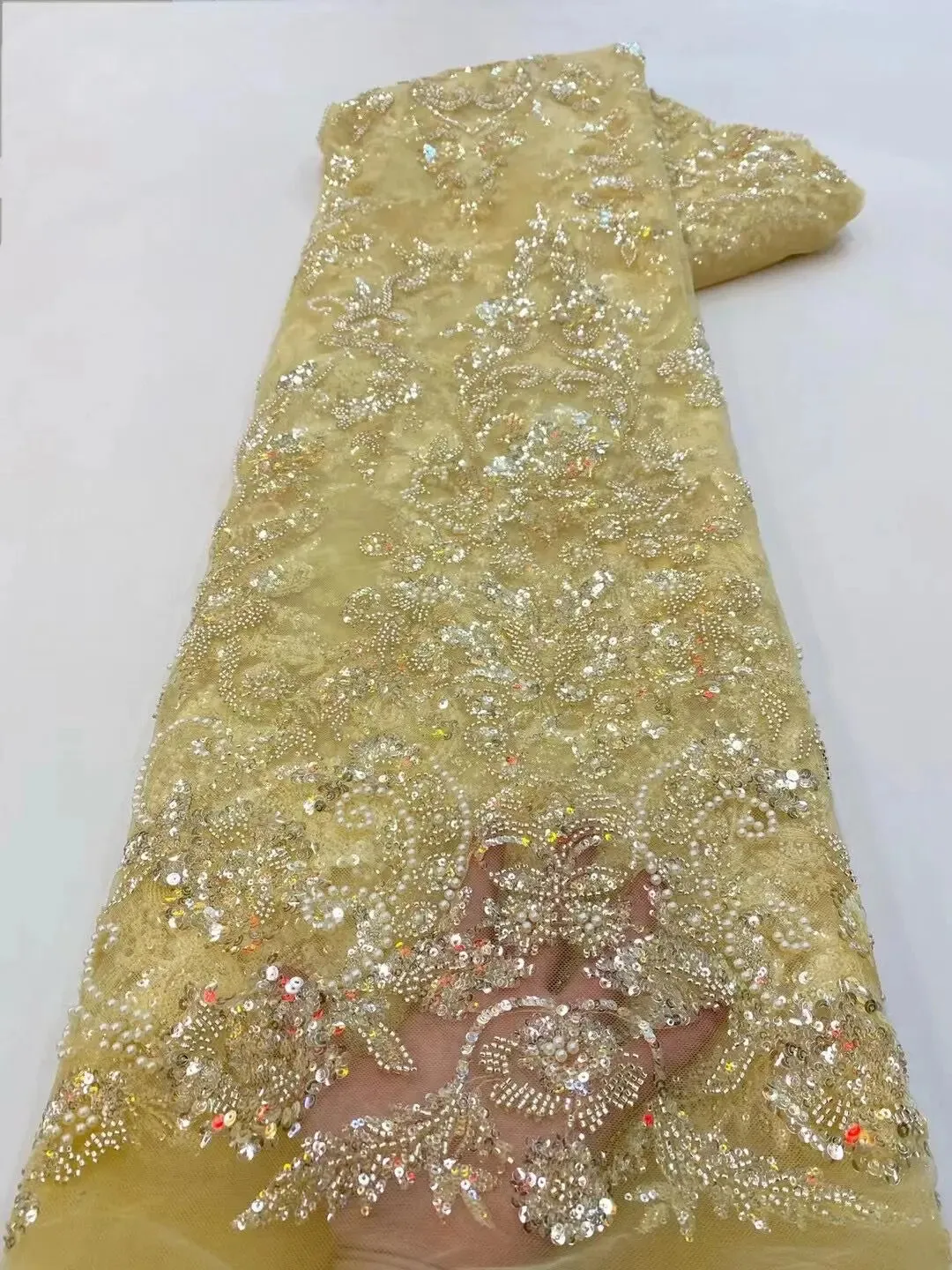 5 YARDS / 10 COLORS / Emelamia Floral Beaded Embroidery Glitter Mesh Lace  Party Prom Bridal Dress Fabric