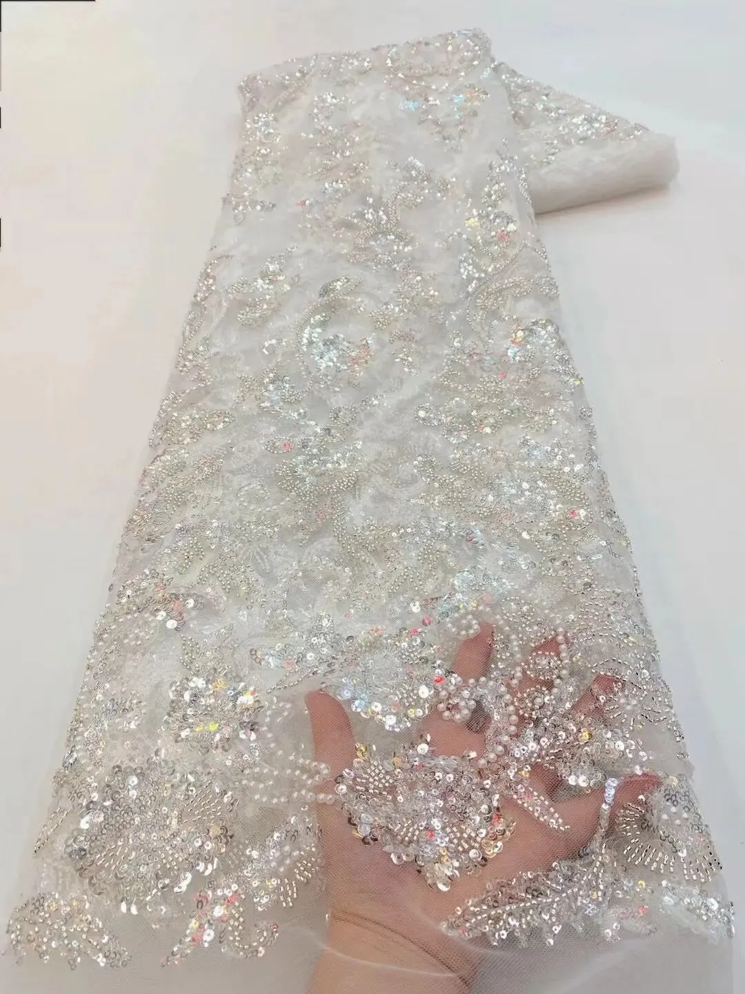 5 YARDS / 10 COLORS / Emelamia Floral Beaded Embroidery Glitter Mesh Lace  Party Prom Bridal Dress Fabric