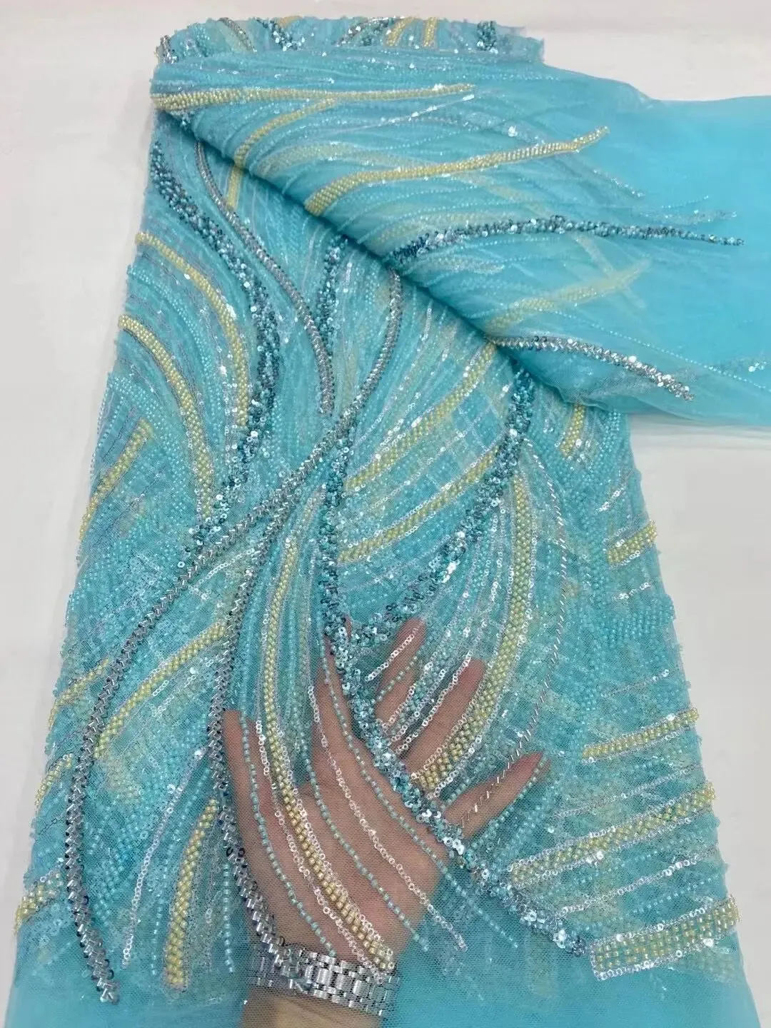 5 YARDS / 16 COLORS / Meilaso Sequin Beaded Embroidery Tulle Mesh Lace Dress Fabric