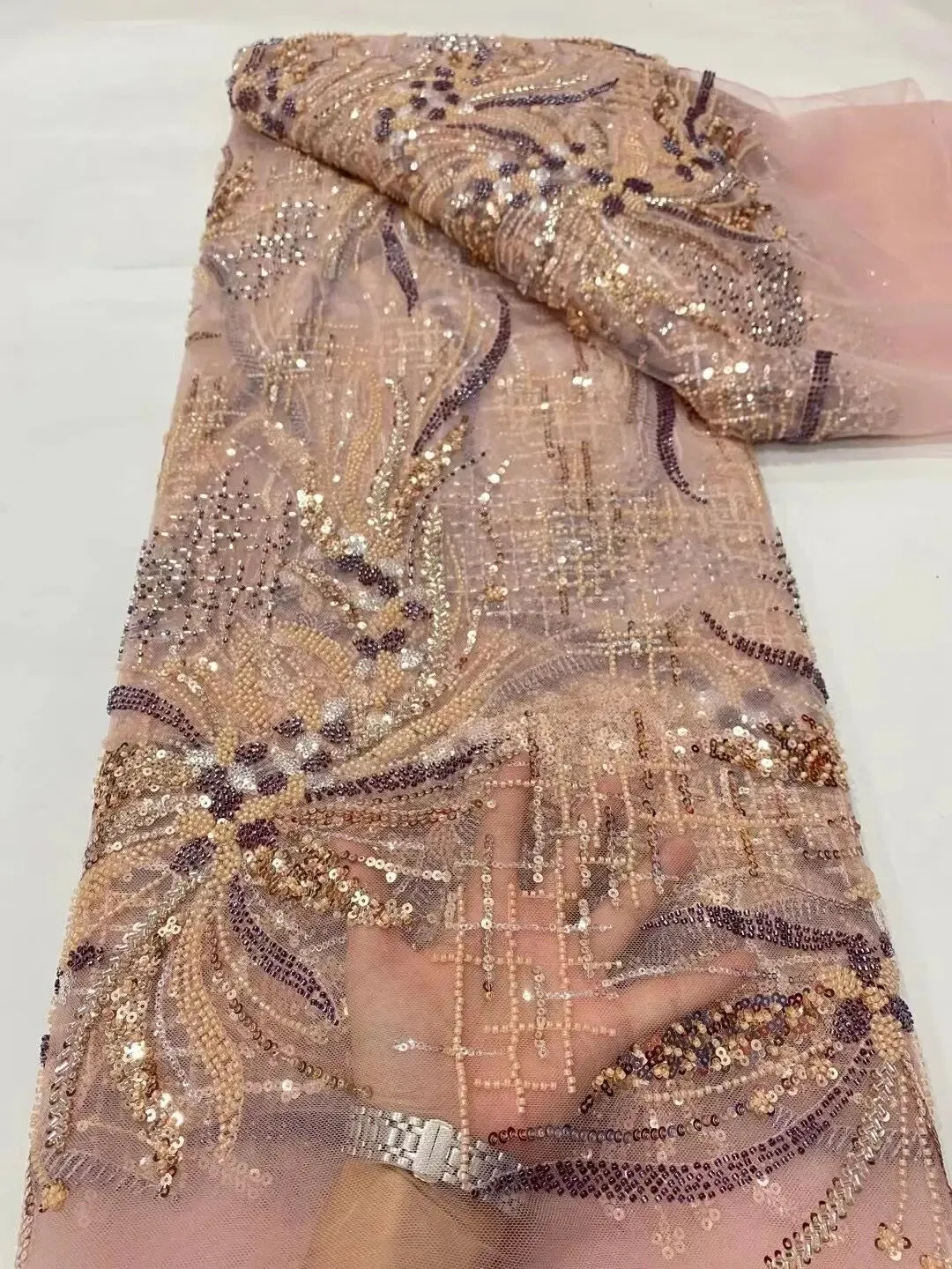 5 YARDS / 16 COLORS / Meilaso Sequin Beaded Embroidery Tulle Mesh Lace Dress Fabric