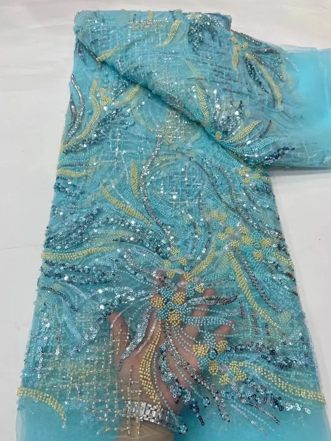 5 YARDS / 16 COLORS / Meilaso Sequin Beaded Embroidery Tulle Mesh Lace Dress Fabric