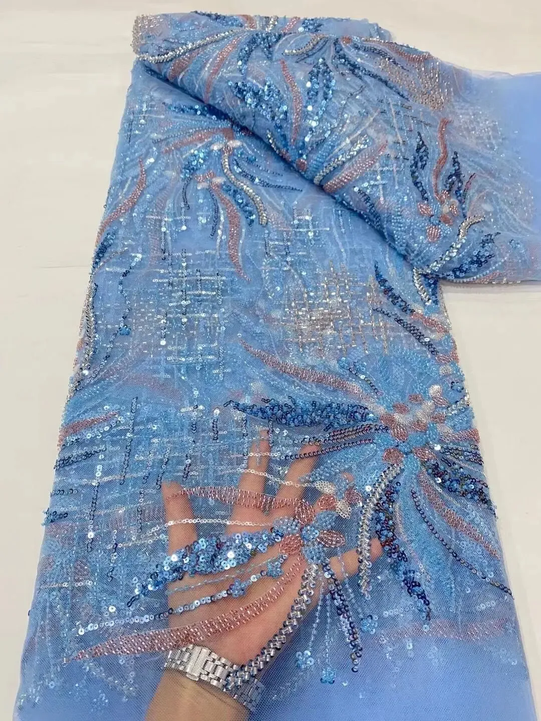 5 YARDS / 16 COLORS / Meilaso Sequin Beaded Embroidery Tulle Mesh Lace Dress Fabric