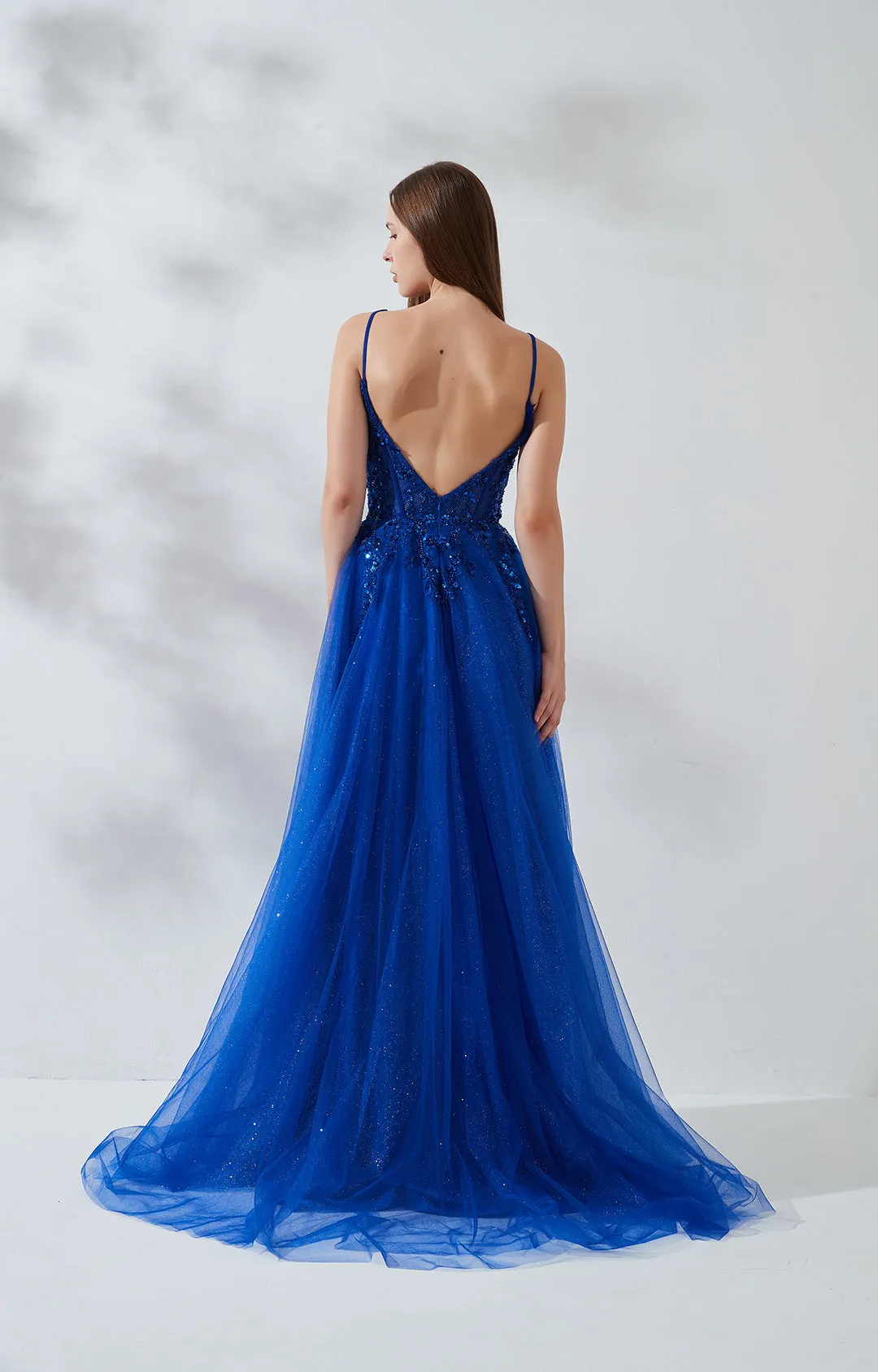 A-line Floor-length Spaghetti Straps Tulle Lace Backless Prom Dress