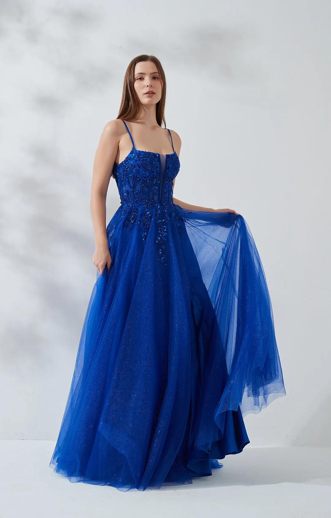 A-line Floor-length Spaghetti Straps Tulle Lace Backless Prom Dress