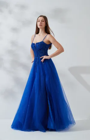 A-line Floor-length Spaghetti Straps Tulle Lace Backless Prom Dress