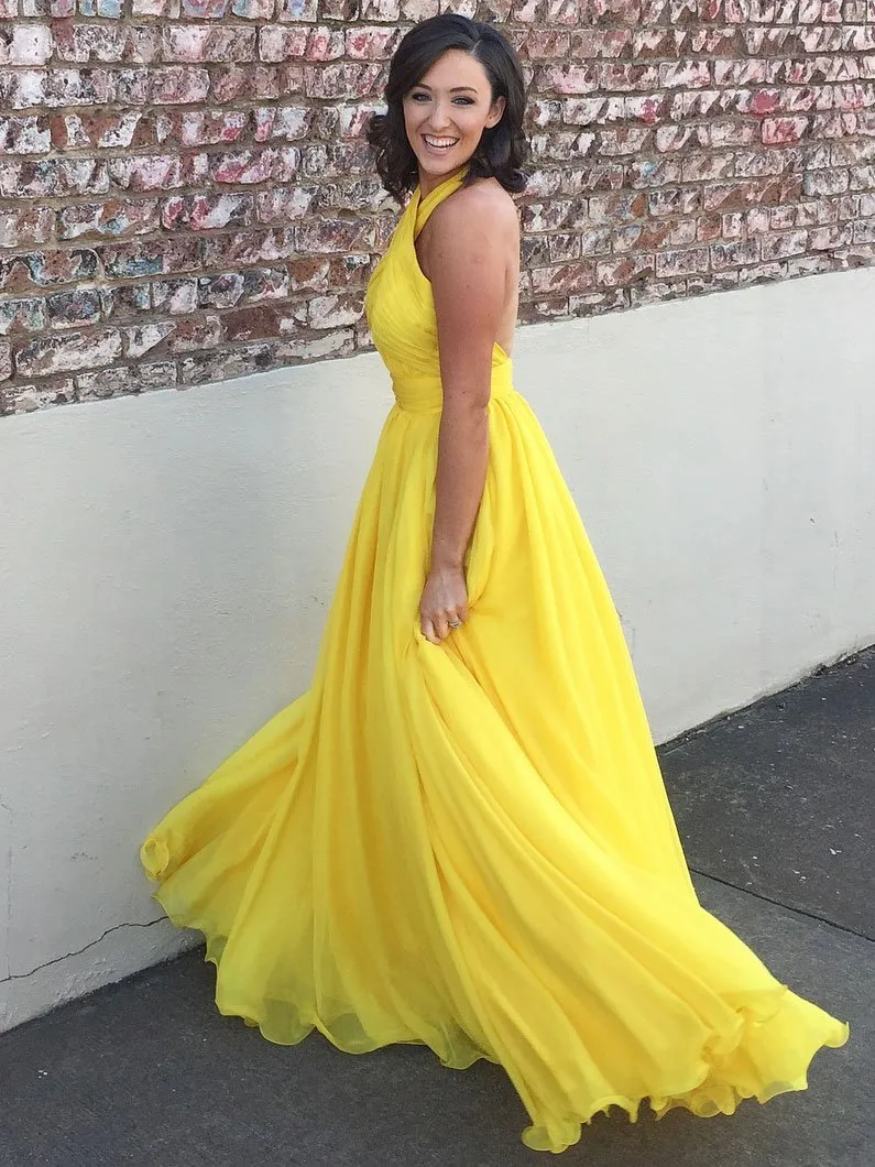 A-line Halter Sweep Train Chiffon Simple Yellow Prom Dress 3061