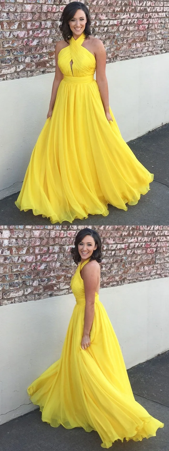 A-line Halter Sweep Train Chiffon Simple Yellow Prom Dress 3061