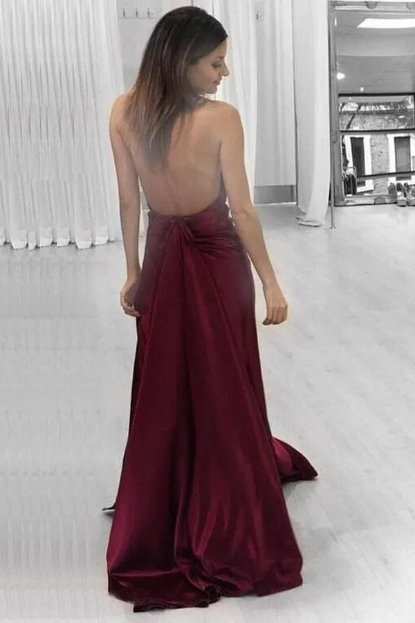 A-line Halter Sweep Train Satin Simple Prom Dresses HX00145