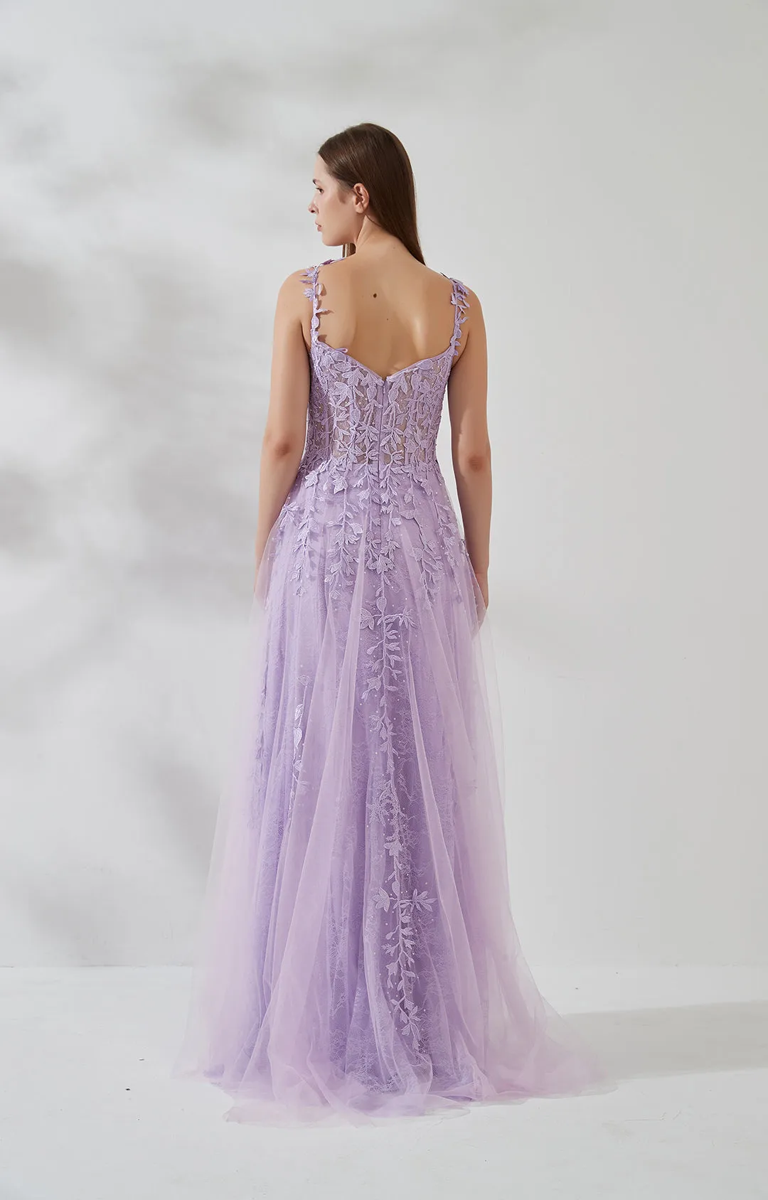 A-line Heart Collar Side Split Lace Appliqued Beads Prom Dress