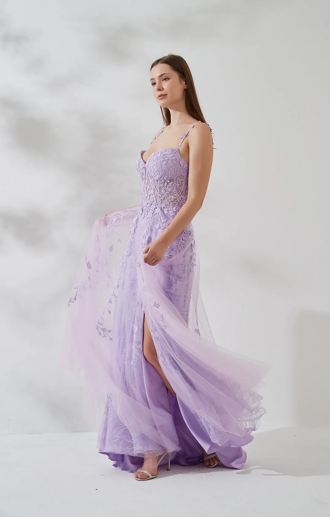 A-line Heart Collar Side Split Lace Appliqued Beads Prom Dress