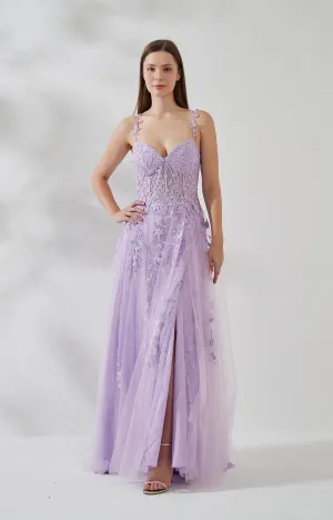 A-line Heart Collar Side Split Lace Appliqued Beads Prom Dress