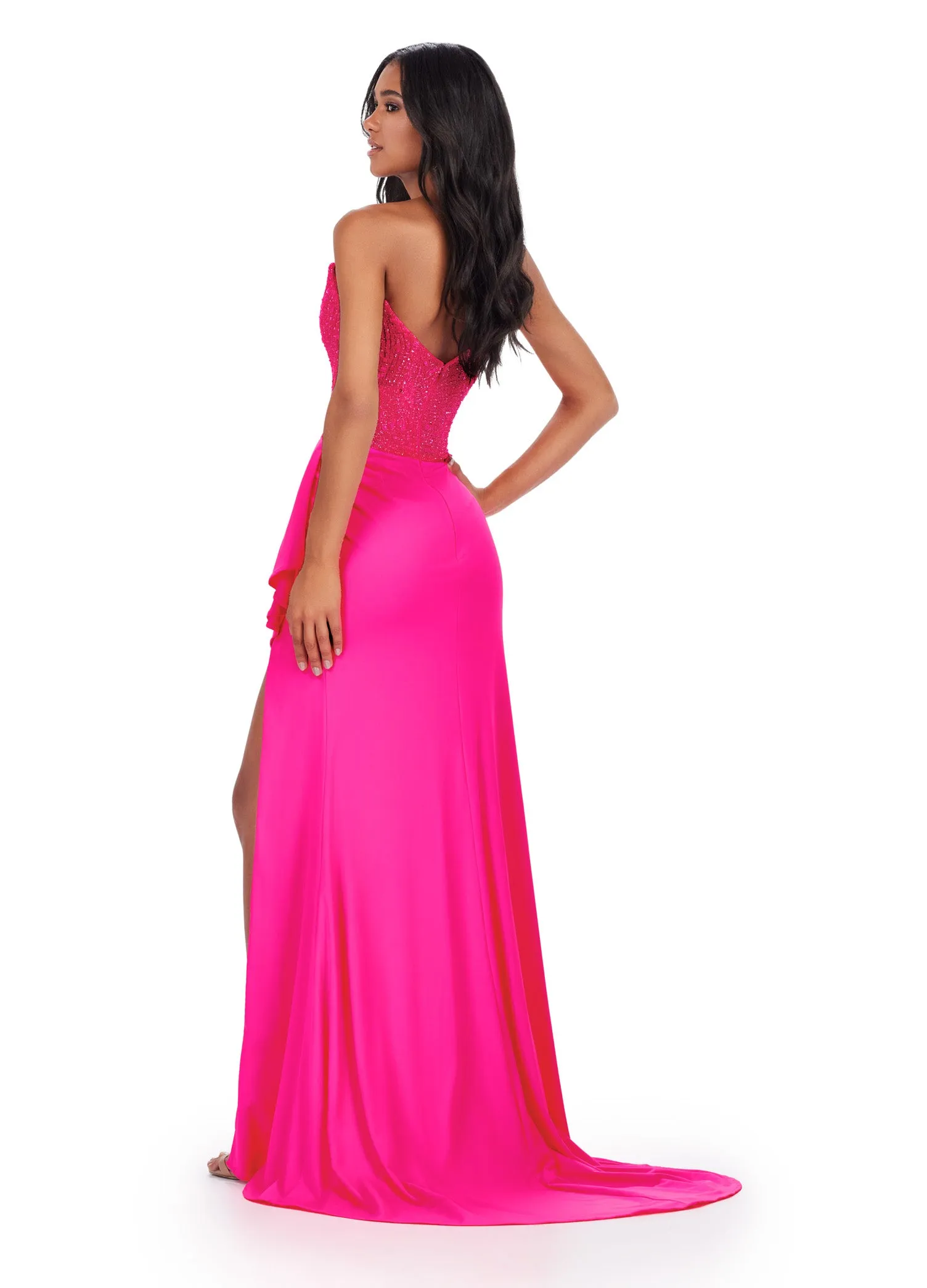 Ashley Lauren 11454 Long Prom Dress One Shoulder Jersey Gown Fully Beaded Bustier Formal  Pageant