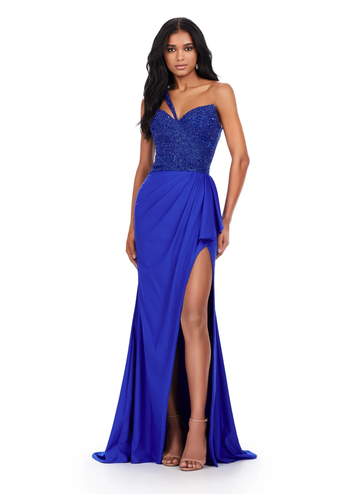 Ashley Lauren 11454 Long Prom Dress One Shoulder Jersey Gown Fully Beaded Bustier Formal  Pageant