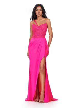 Ashley Lauren 11454 Long Prom Dress One Shoulder Jersey Gown Fully Beaded Bustier Formal  Pageant