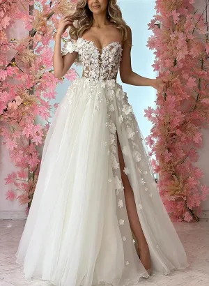 Ball-Gown One-Shoulder Sleeveless Tulle Wedding Dresses Flowers