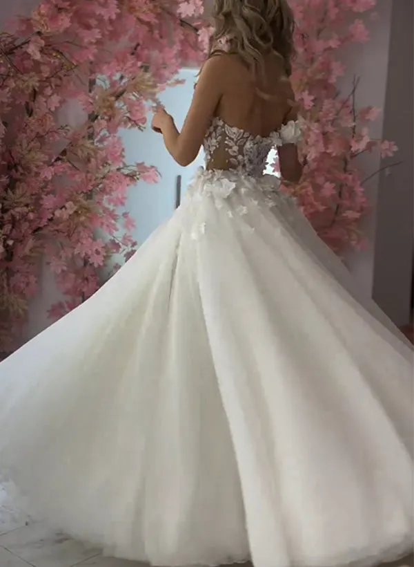 Ball-Gown One-Shoulder Sleeveless Tulle Wedding Dresses Flowers