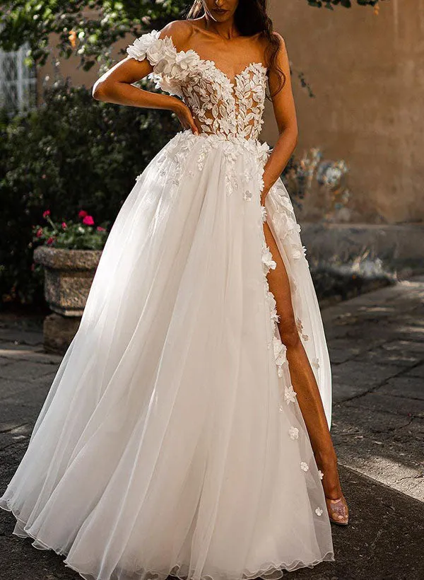 Ball-Gown One-Shoulder Sleeveless Tulle Wedding Dresses Flowers
