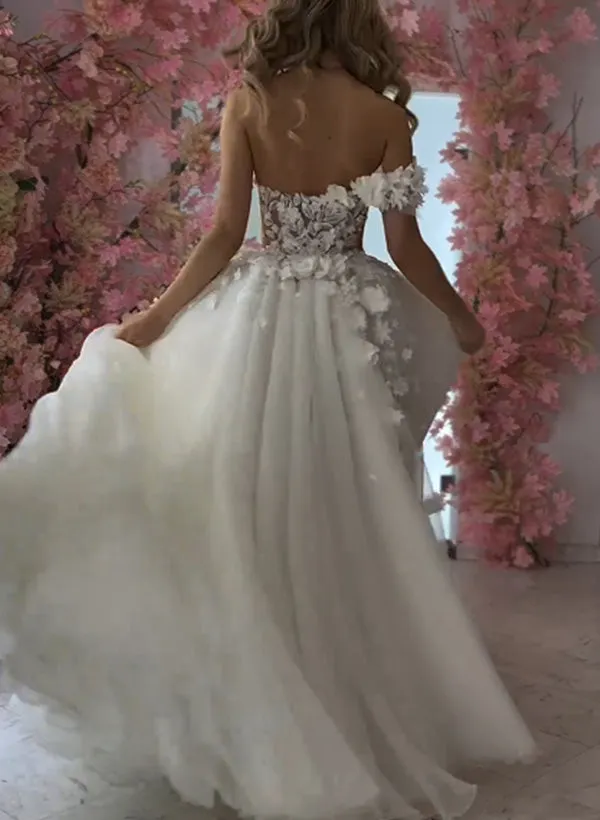 Ball-Gown One-Shoulder Sleeveless Tulle Wedding Dresses Flowers