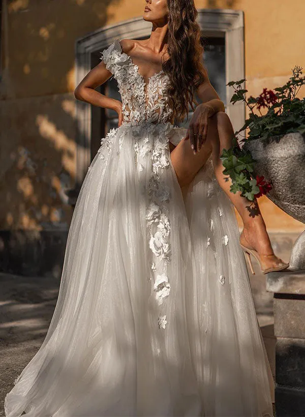 Ball-Gown One-Shoulder Sleeveless Tulle Wedding Dresses Flowers
