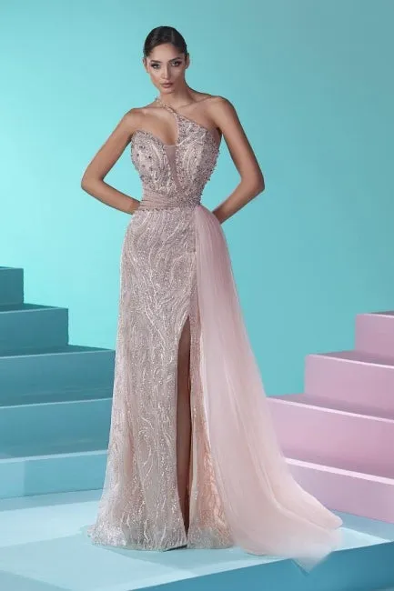 Beautiful Long Mermaid One Shoulder Lace Tulle Prom Dress with Slit