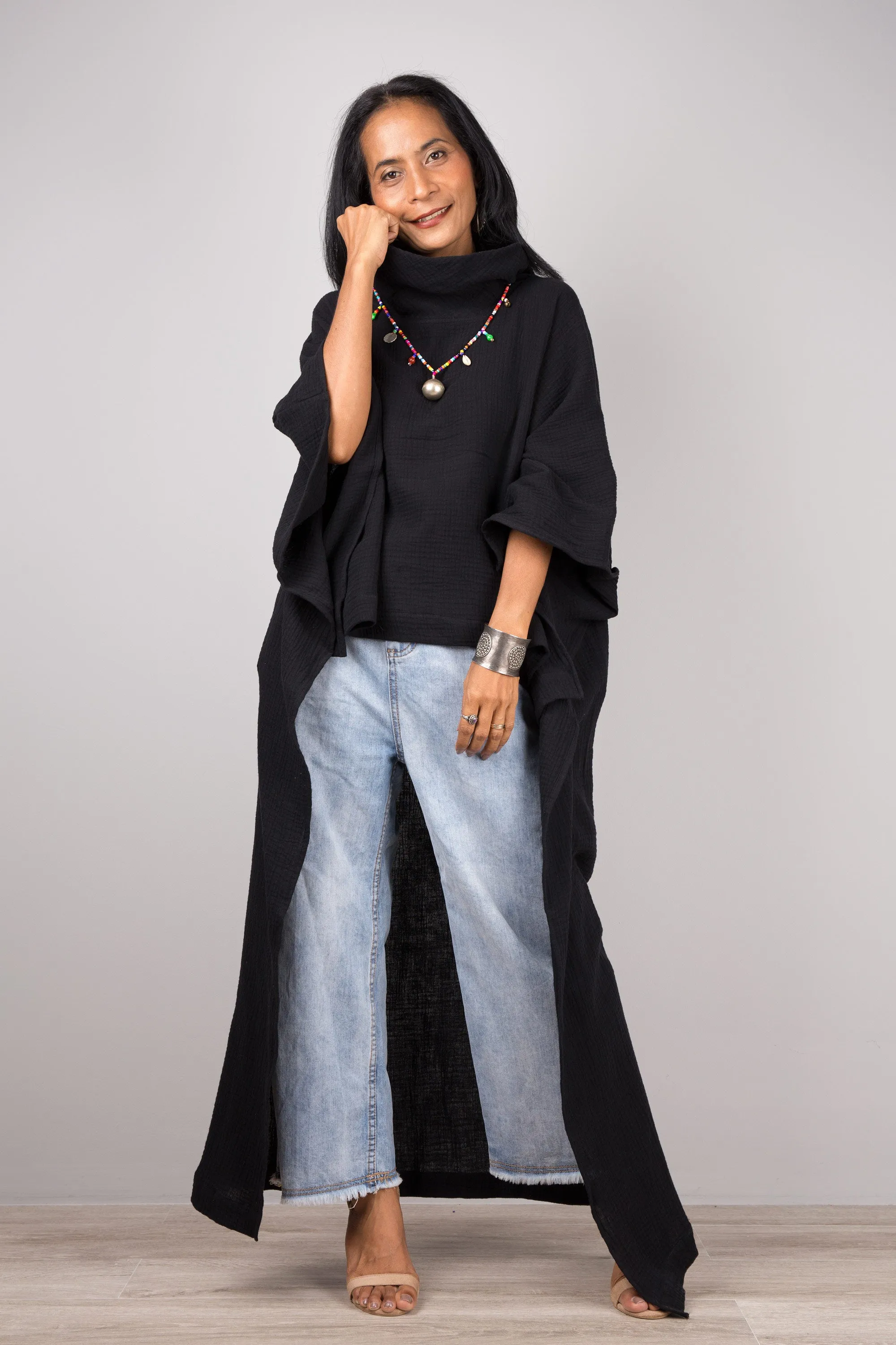 Black Cotton Gauze Kaftan top