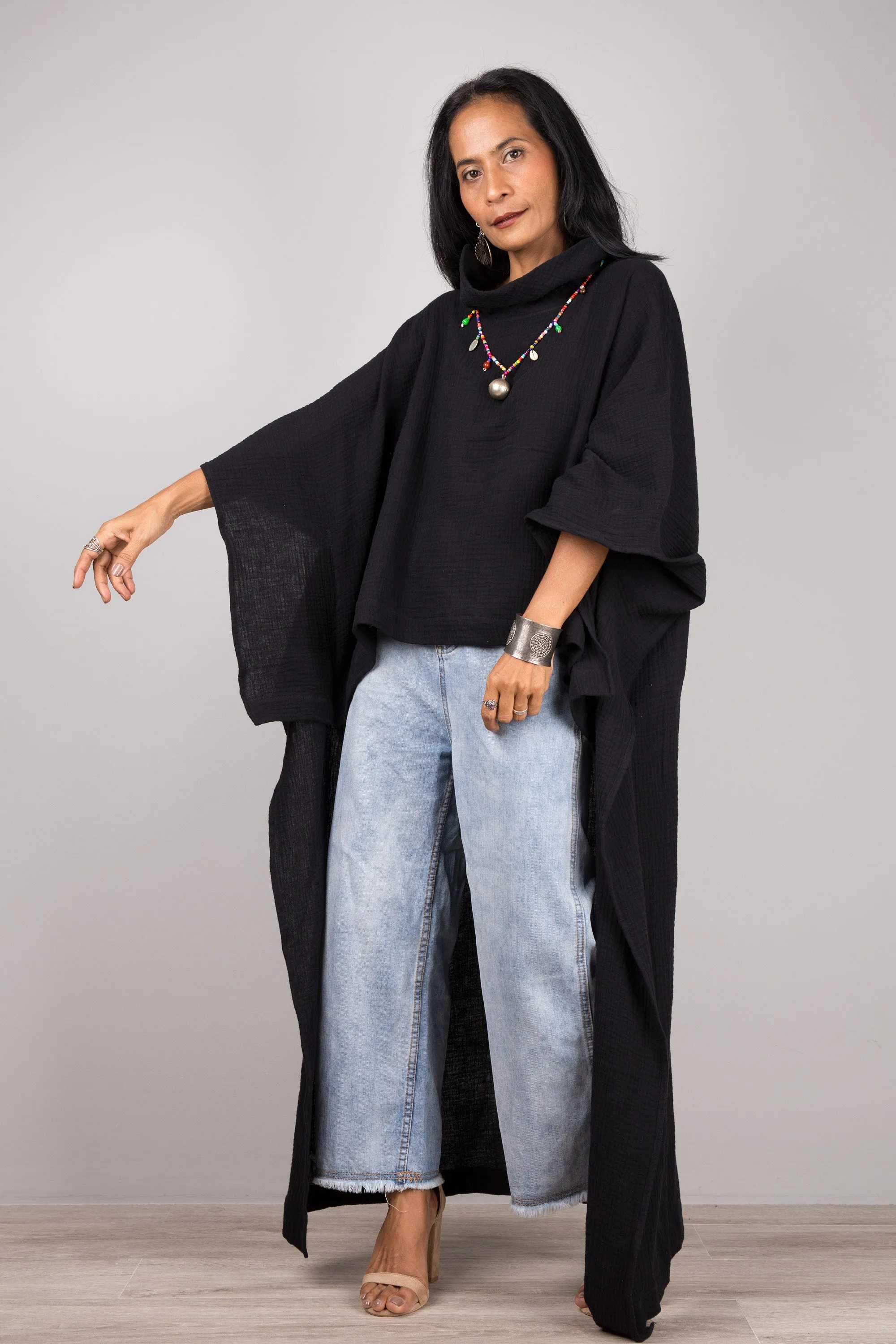 Black Cotton Gauze Kaftan top