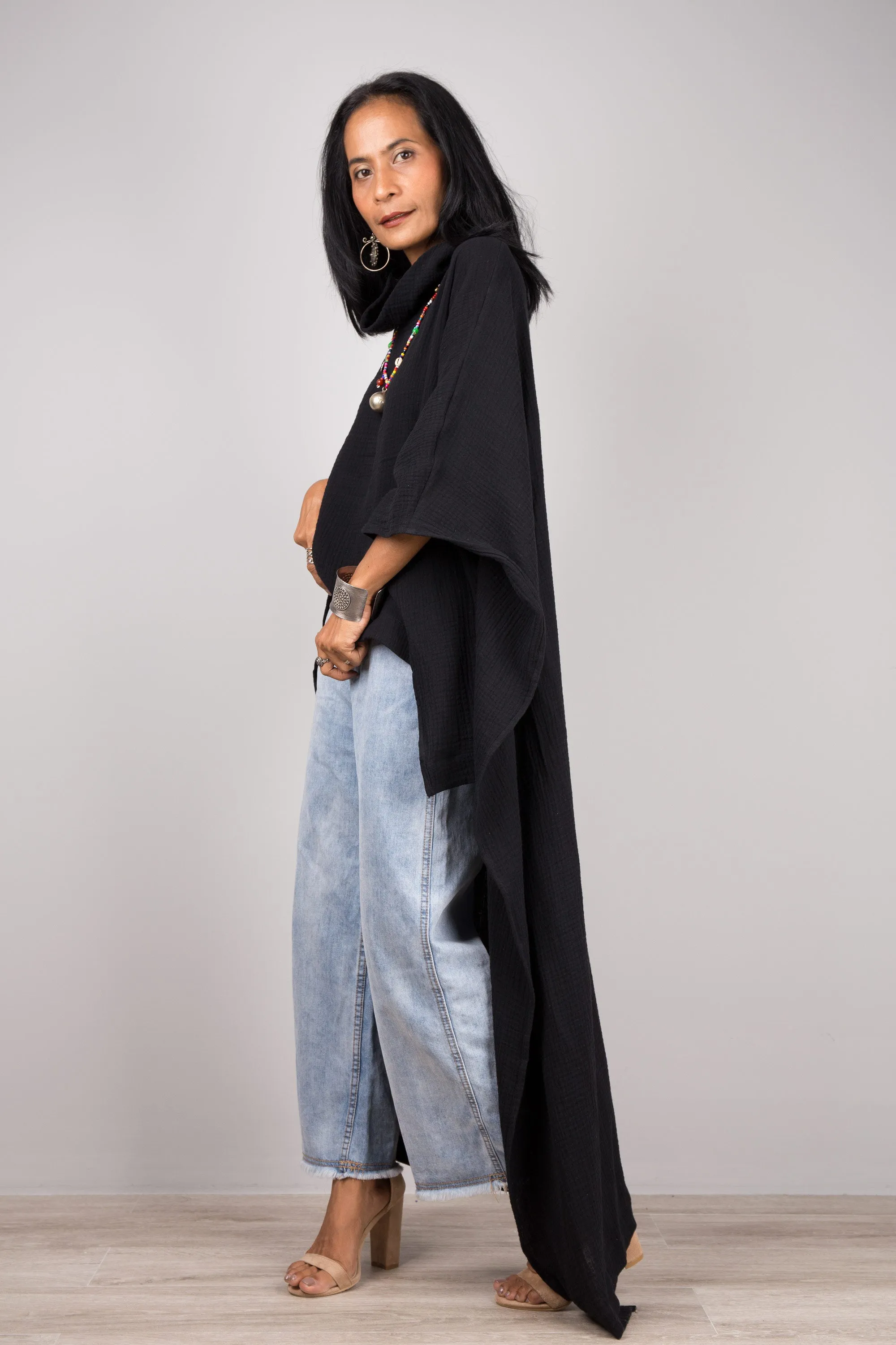 Black Cotton Gauze Kaftan top
