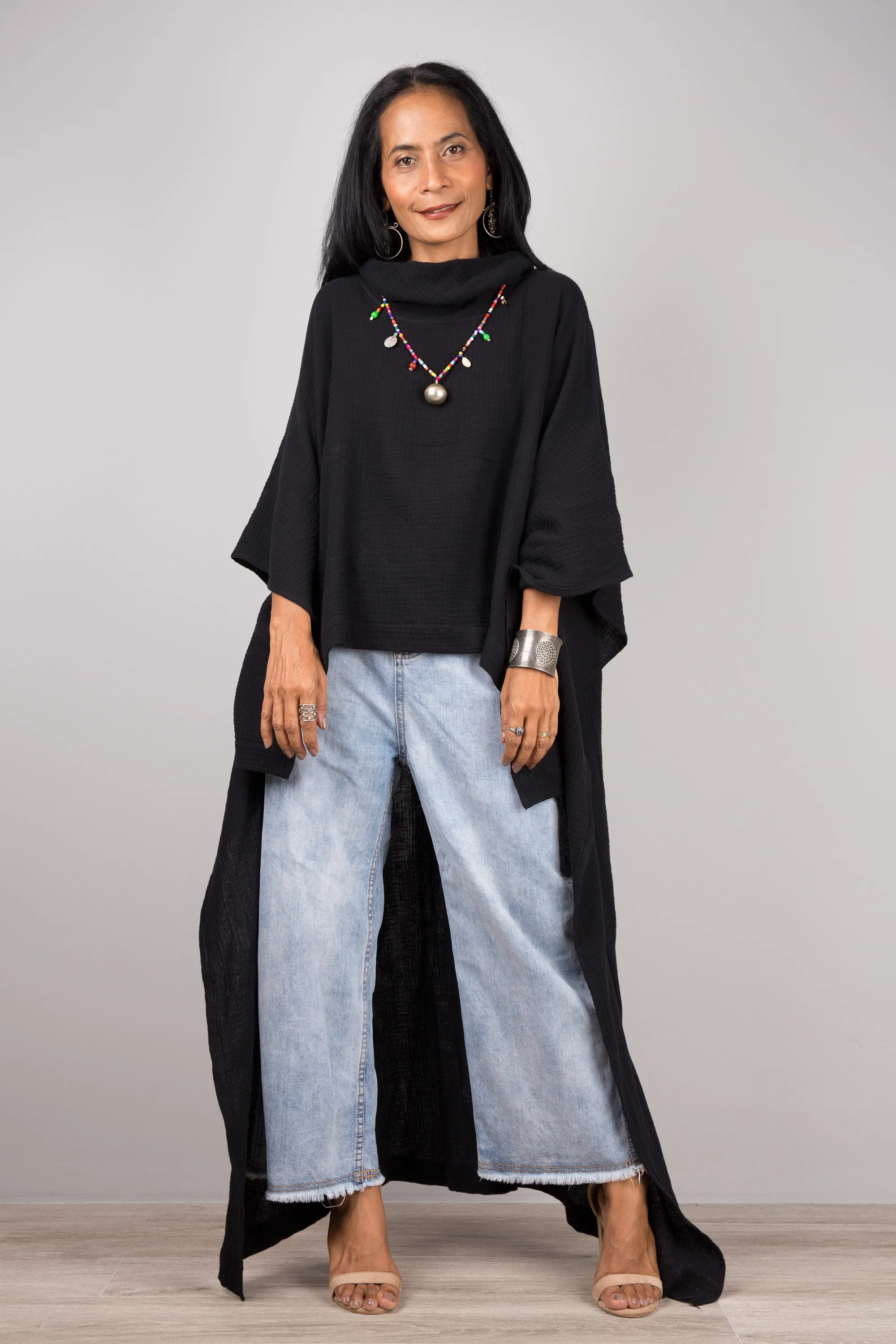 Black Cotton Gauze Kaftan top