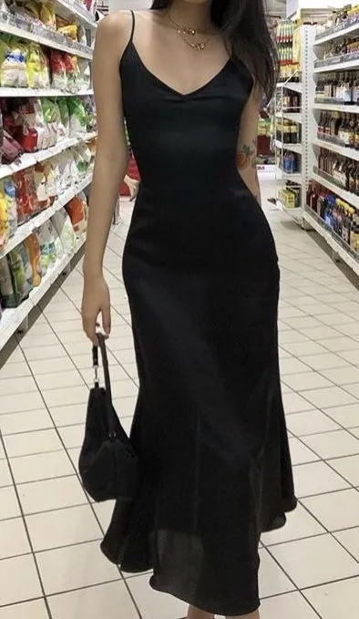 Black Spaghetti Straps Mermaid Satin Long Party Dress Formal Prom Dress, D510