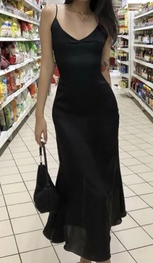Black Spaghetti Straps Mermaid Satin Long Party Dress Formal Prom Dress, D510
