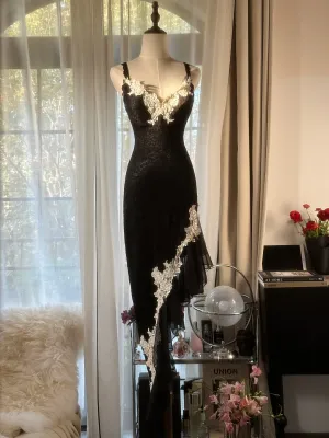 Black Straps Mermaid Lace Asymmetric Long Party Dress Vintage Evening Dress, D949