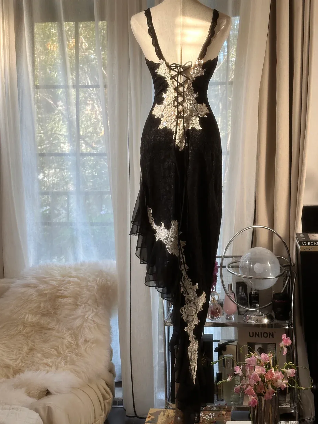 Black Straps Mermaid Lace Asymmetric Long Party Dress Vintage Evening Dress, D949