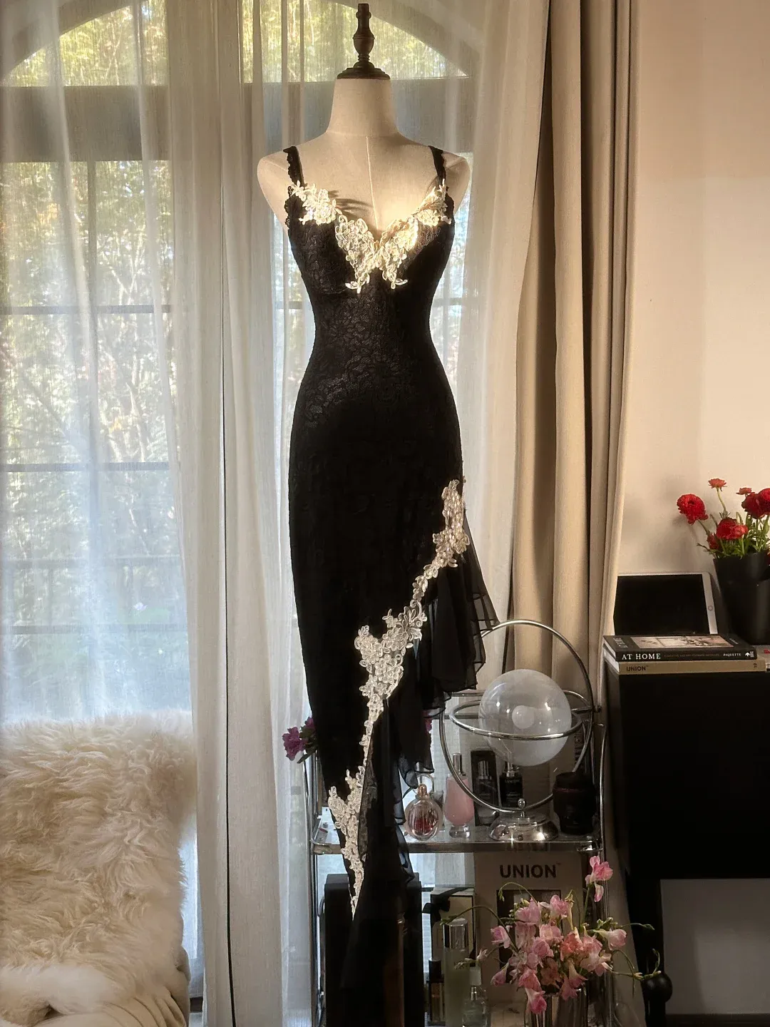 Black Straps Mermaid Lace Asymmetric Long Party Dress Vintage Evening Dress, D949