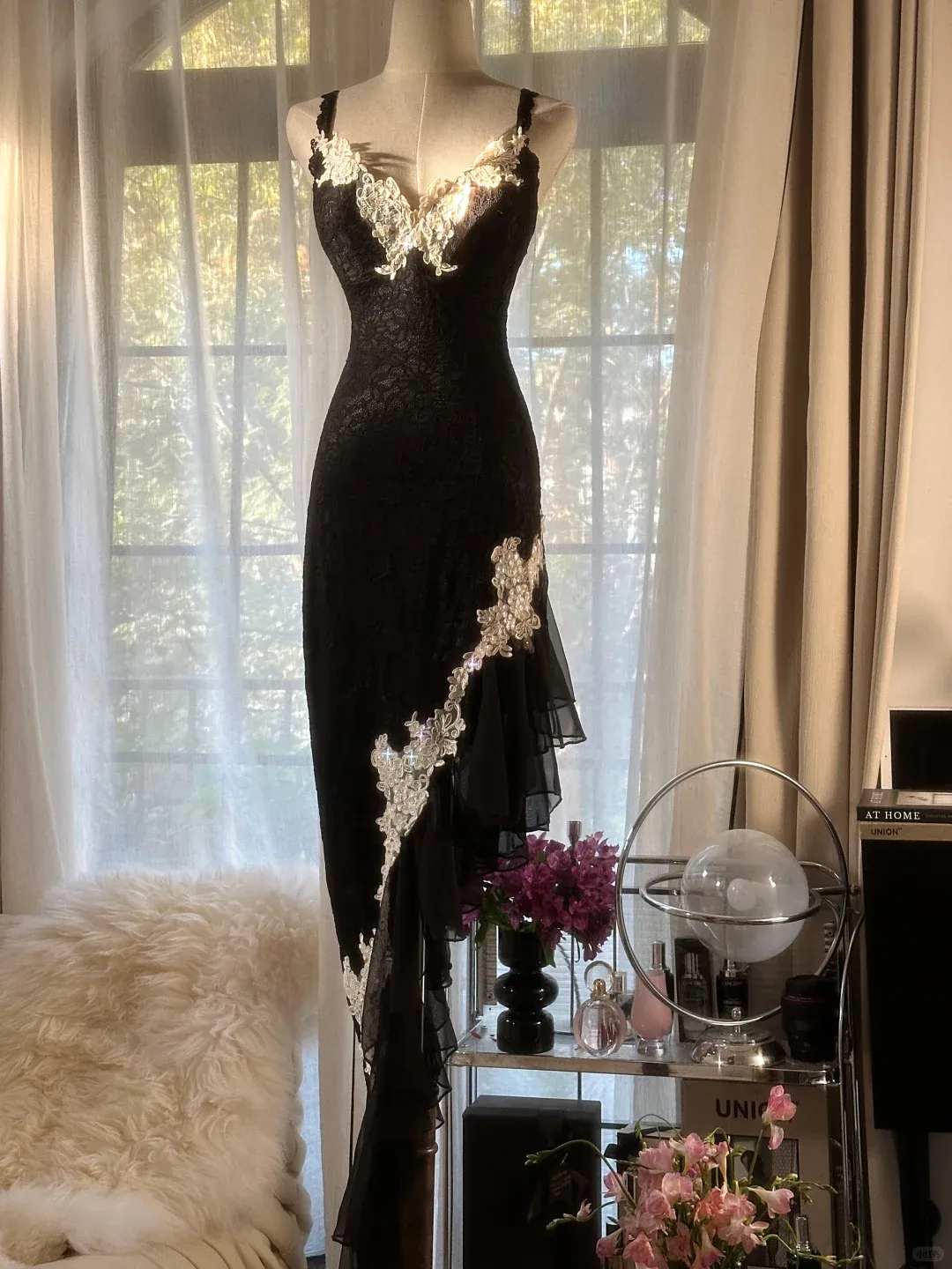 Black Straps Mermaid Lace Asymmetric Long Party Dress Vintage Evening Dress, D949