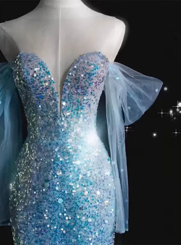 Blue Sequins Sweetheart Mermaid Long Evening Dress Birthday Gown, D42