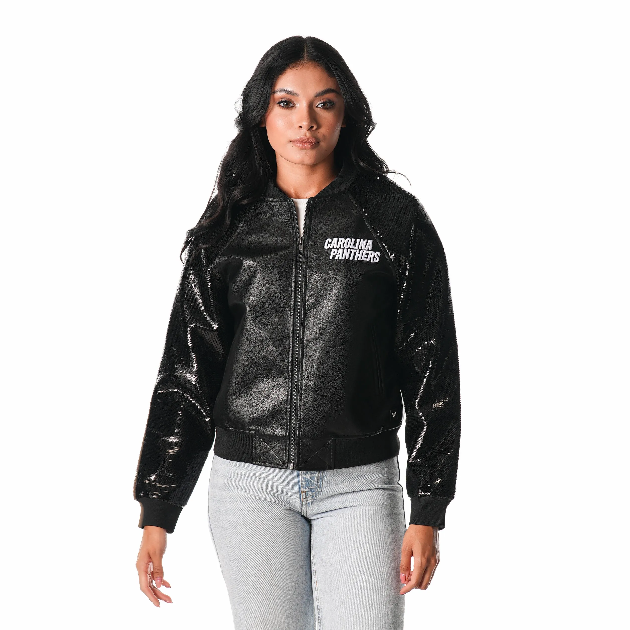 Carolina Panthers Faux Leather Sequin Jacket - Black