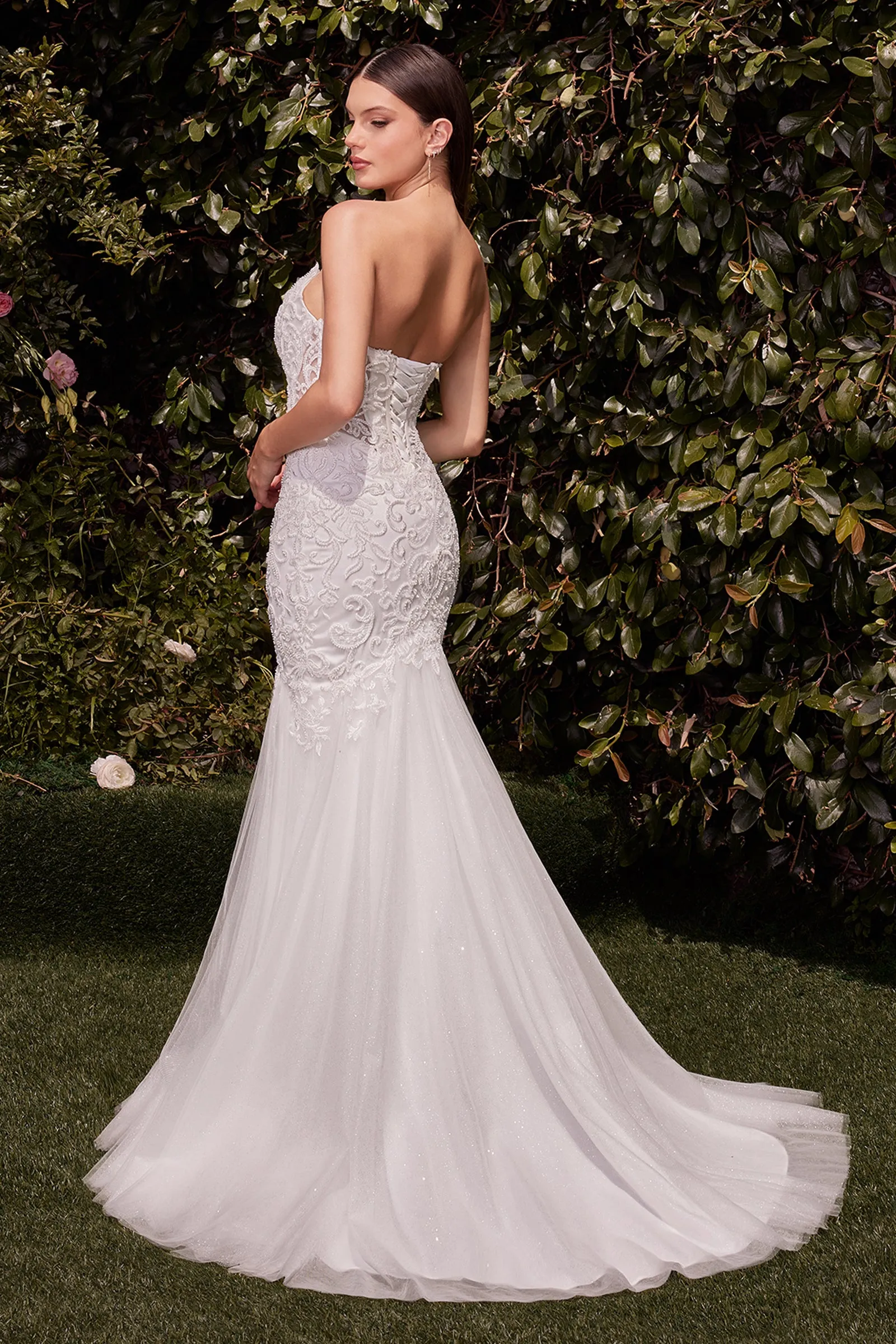 CINDERELLA DIVINE CDS482W Lace Embellished Strapless Mermaid Wedding Dress