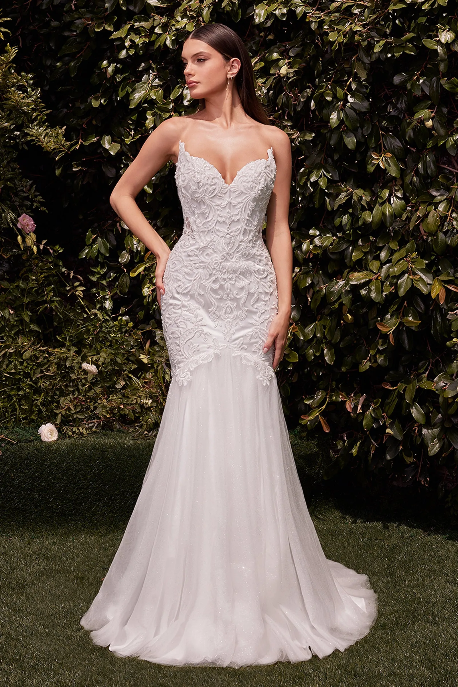 CINDERELLA DIVINE CDS482W Lace Embellished Strapless Mermaid Wedding Dress