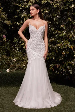 CINDERELLA DIVINE CDS482W Lace Embellished Strapless Mermaid Wedding Dress