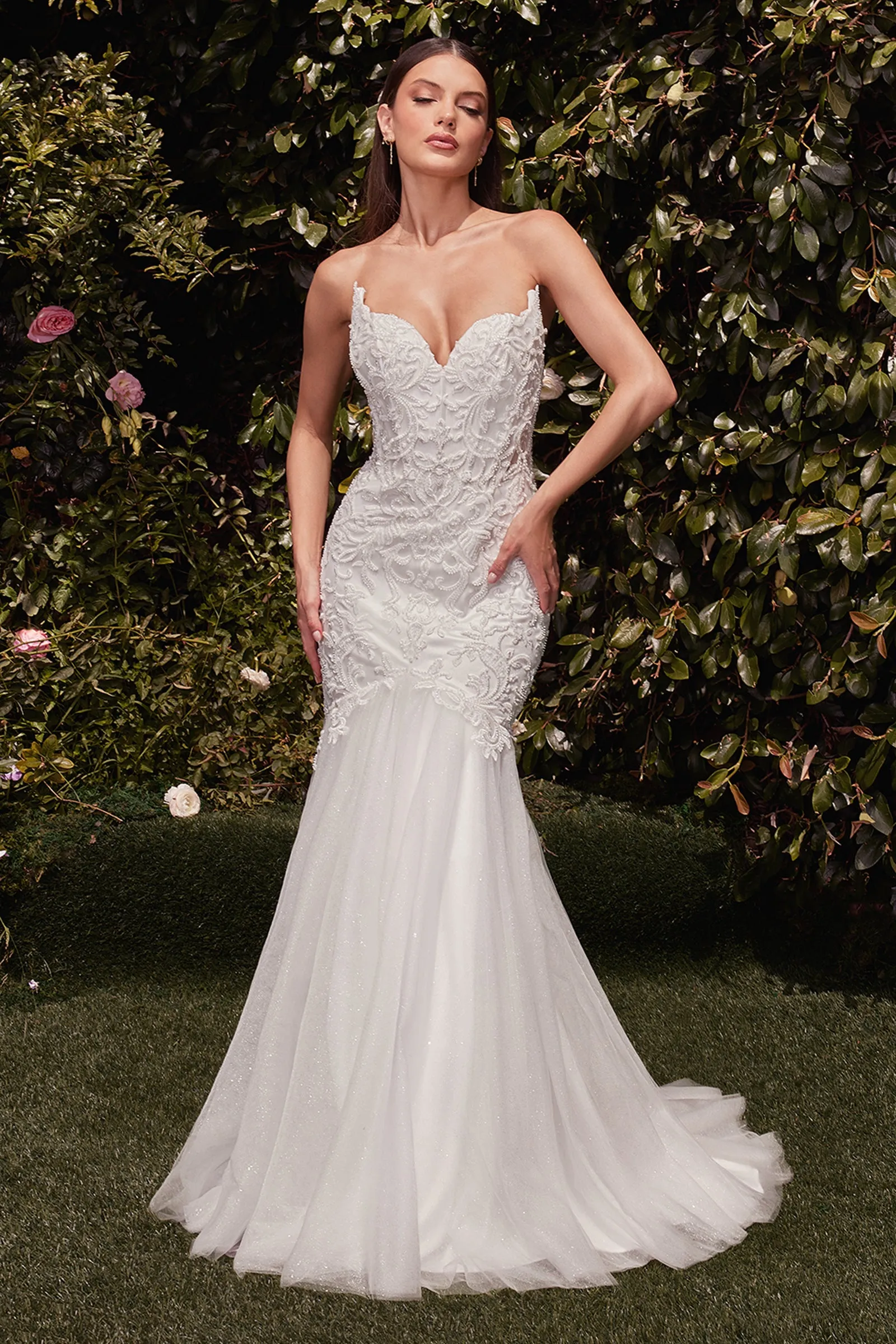CINDERELLA DIVINE CDS482W Lace Embellished Strapless Mermaid Wedding Dress