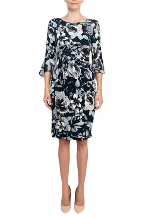 Connected Apparel boat neck slit 3/4 circular flounce sleeve gathered side floral print ity shift dress