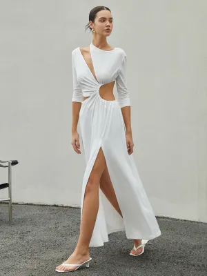 Cut Out Ruched Trendy Split Knit Maxi Dress