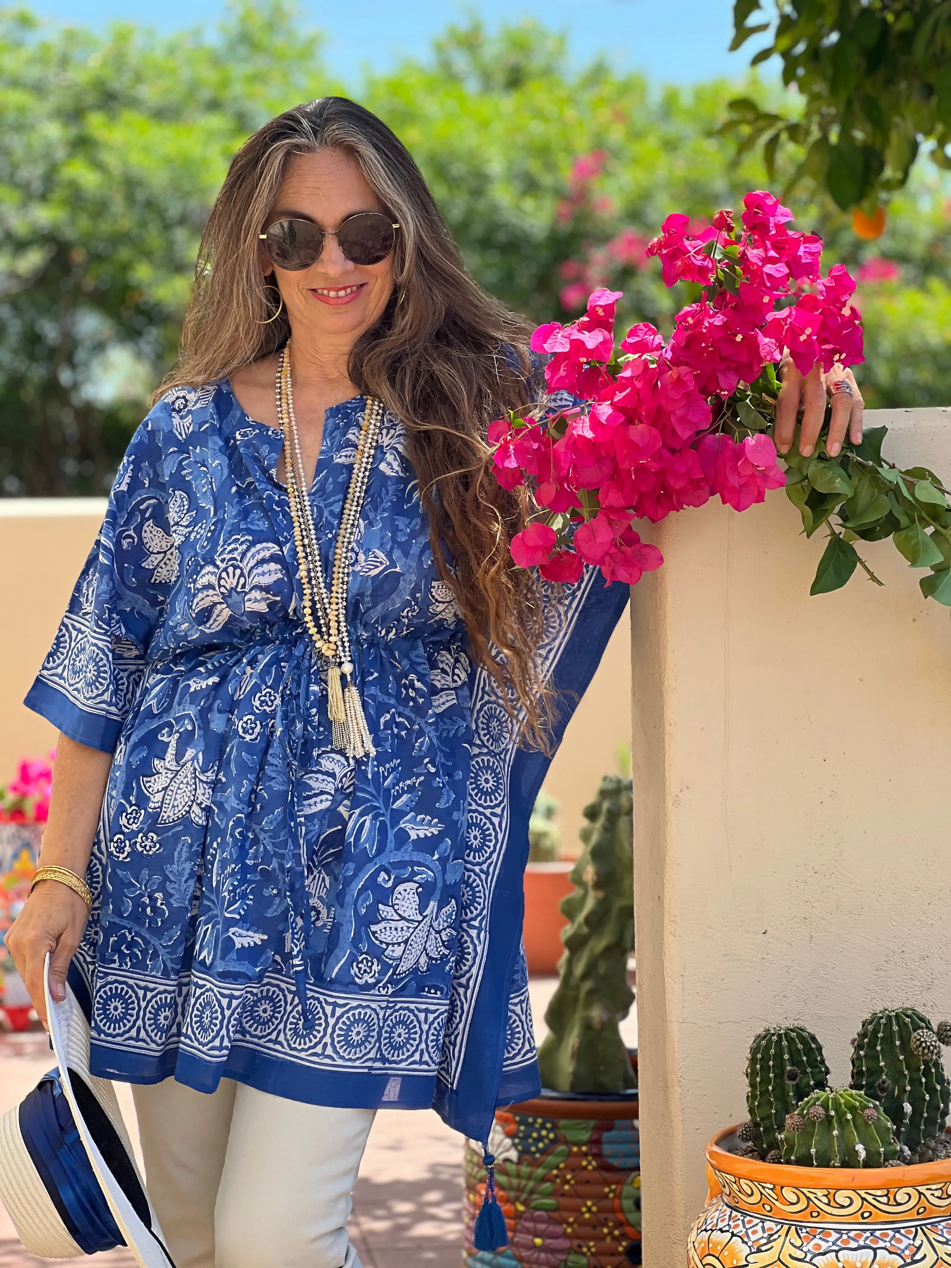 Delfina Blue Short Cotton Kaftan