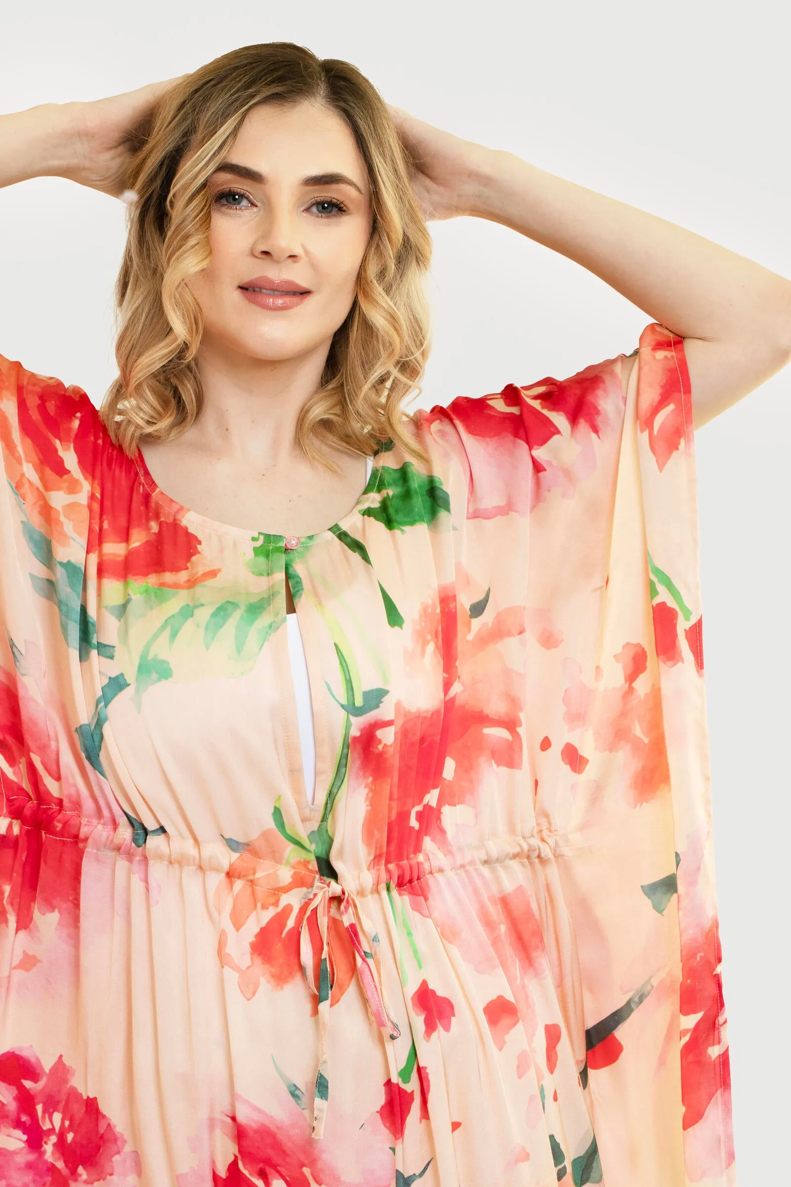 Delicate Floral Tie Waist Keyhole Kaftan