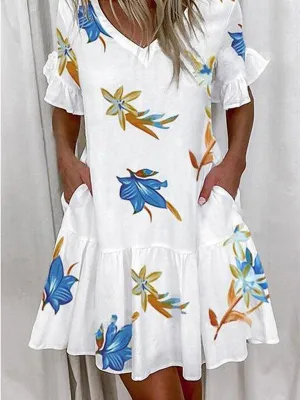 Effortless Chic V-neck Ruffle Pocket Dress for Stylish Comfort