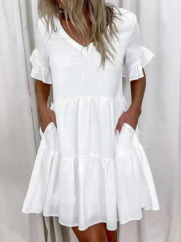 Effortless Chic V-neck Ruffle Pocket Dress for Stylish Comfort