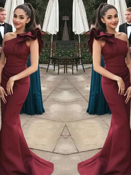 Elegant Burgundy Mermaid One Shoulder Flounced Sexy Prom Dresses