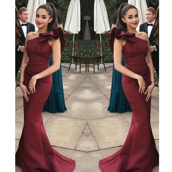 Elegant Burgundy Mermaid One Shoulder Flounced Sexy Prom Dresses