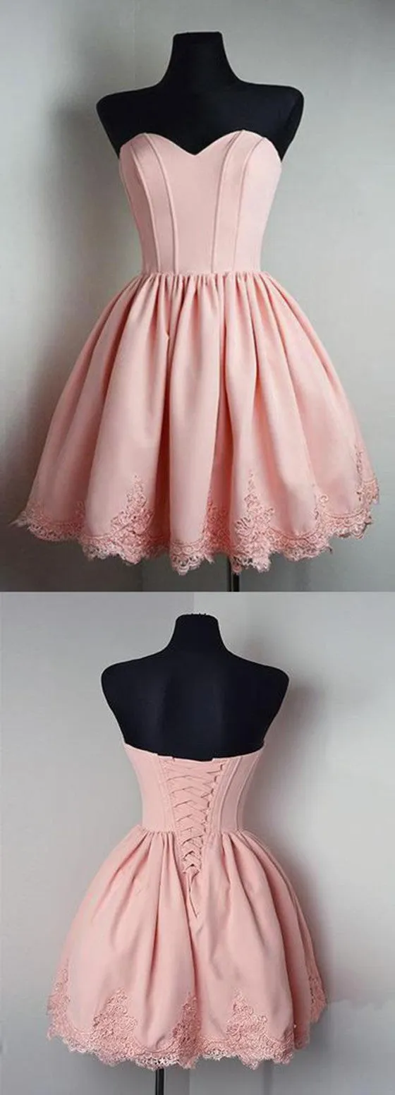 Elegant Cute Sweetheart Pink Appliques Party Dresses, Short Homecoming Dresses, HD0366